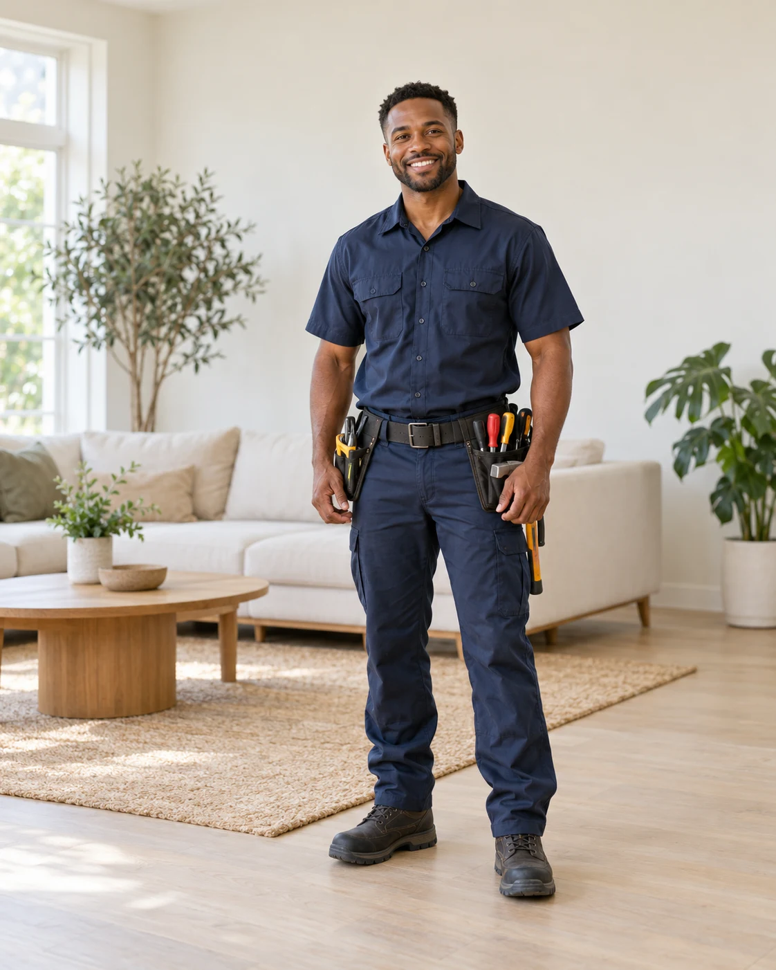 Home-service technician in a bright residential interior with a tool belt